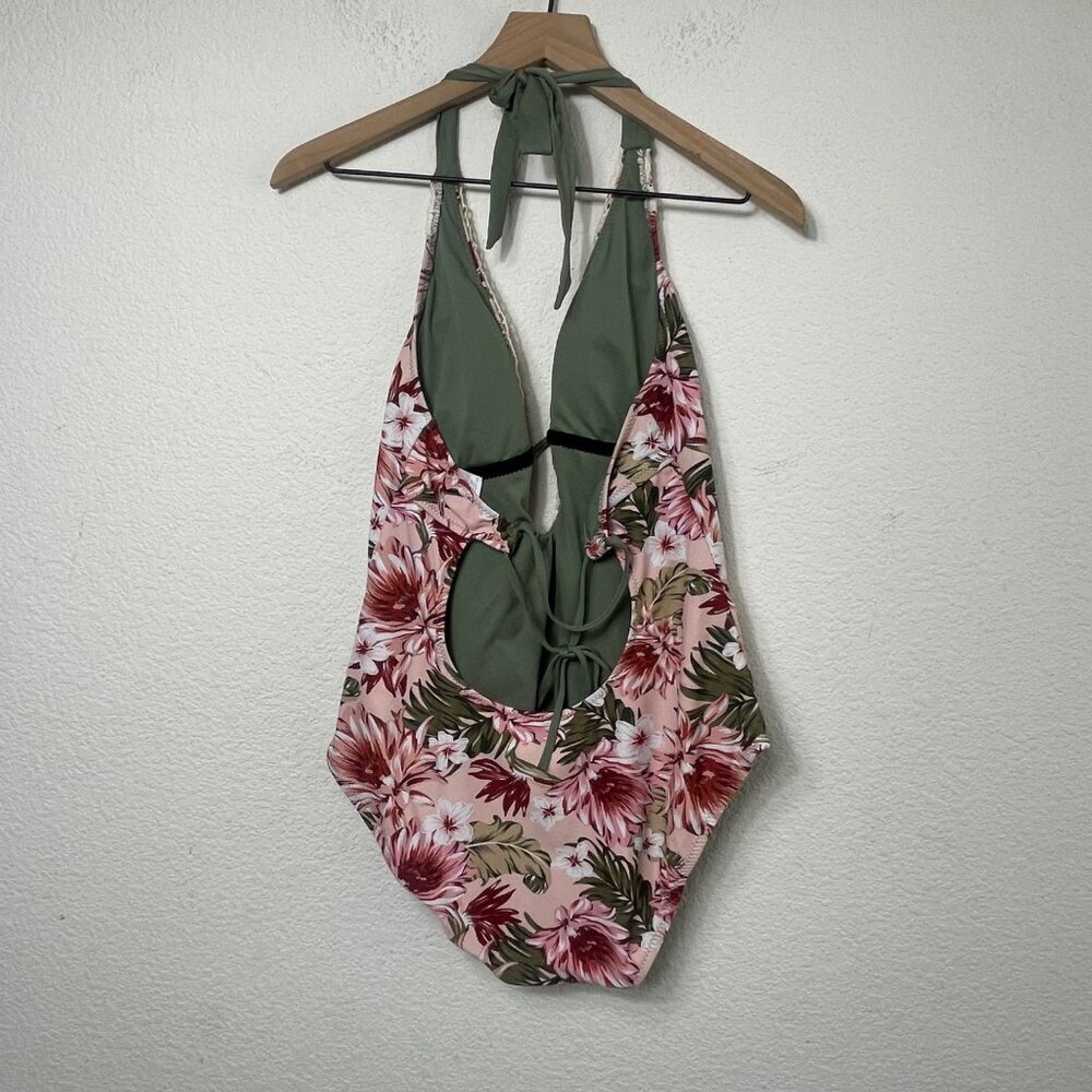 Kona Sol Women’s One-Piece Swimsuit Size Large Peach Floral Crochet Trim Plunge - Picture 6 of 8